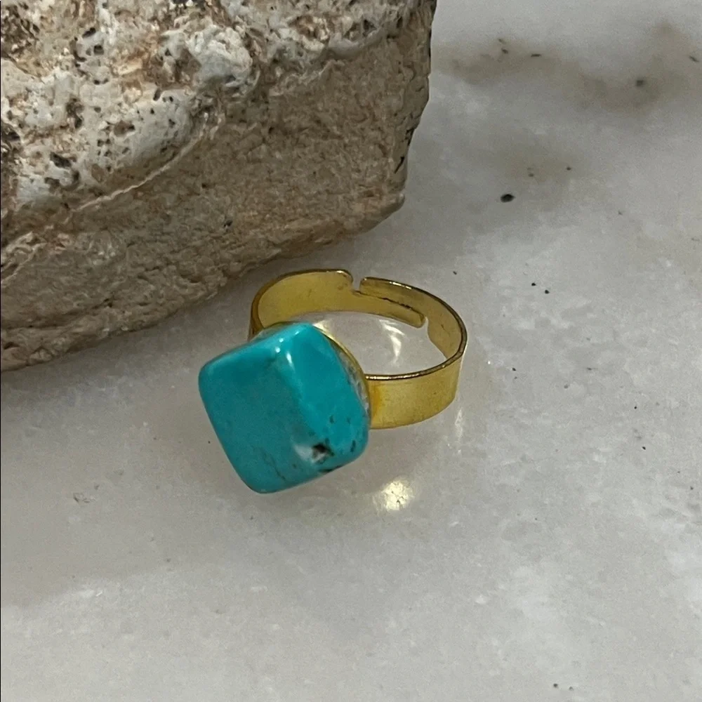 Turquoise Gemstone Ring Adjustable Gold Tone Boho Western Ring